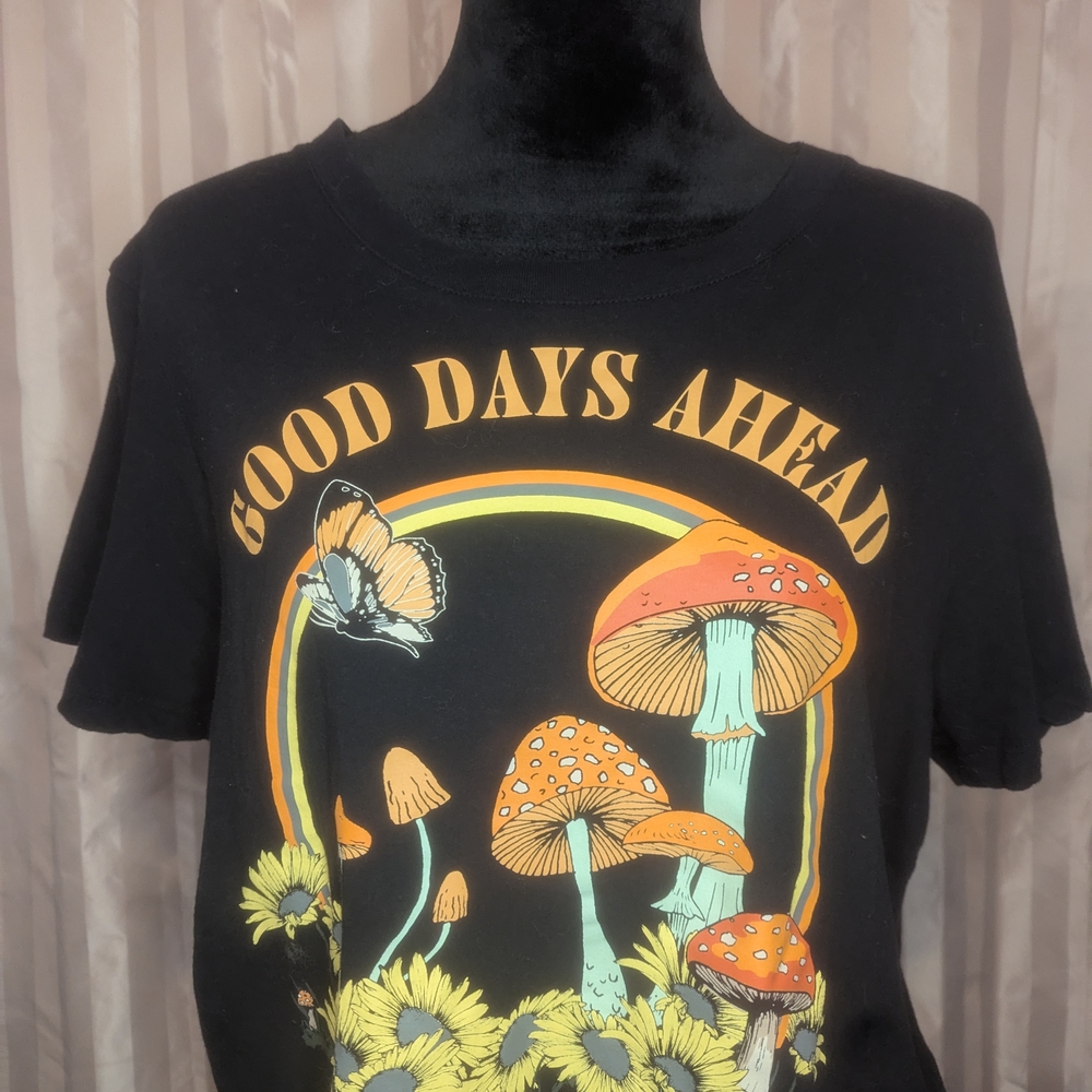 Black Graphic Tee with Mushroom and Sunflower Design